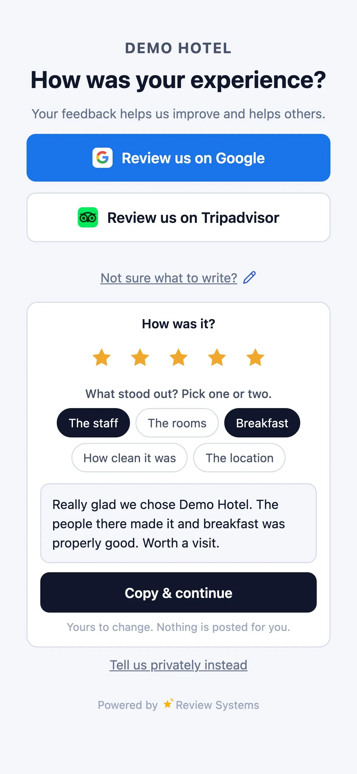 "Not sure what to write?" — a five-star draft assembled from two taps, editable before posting
