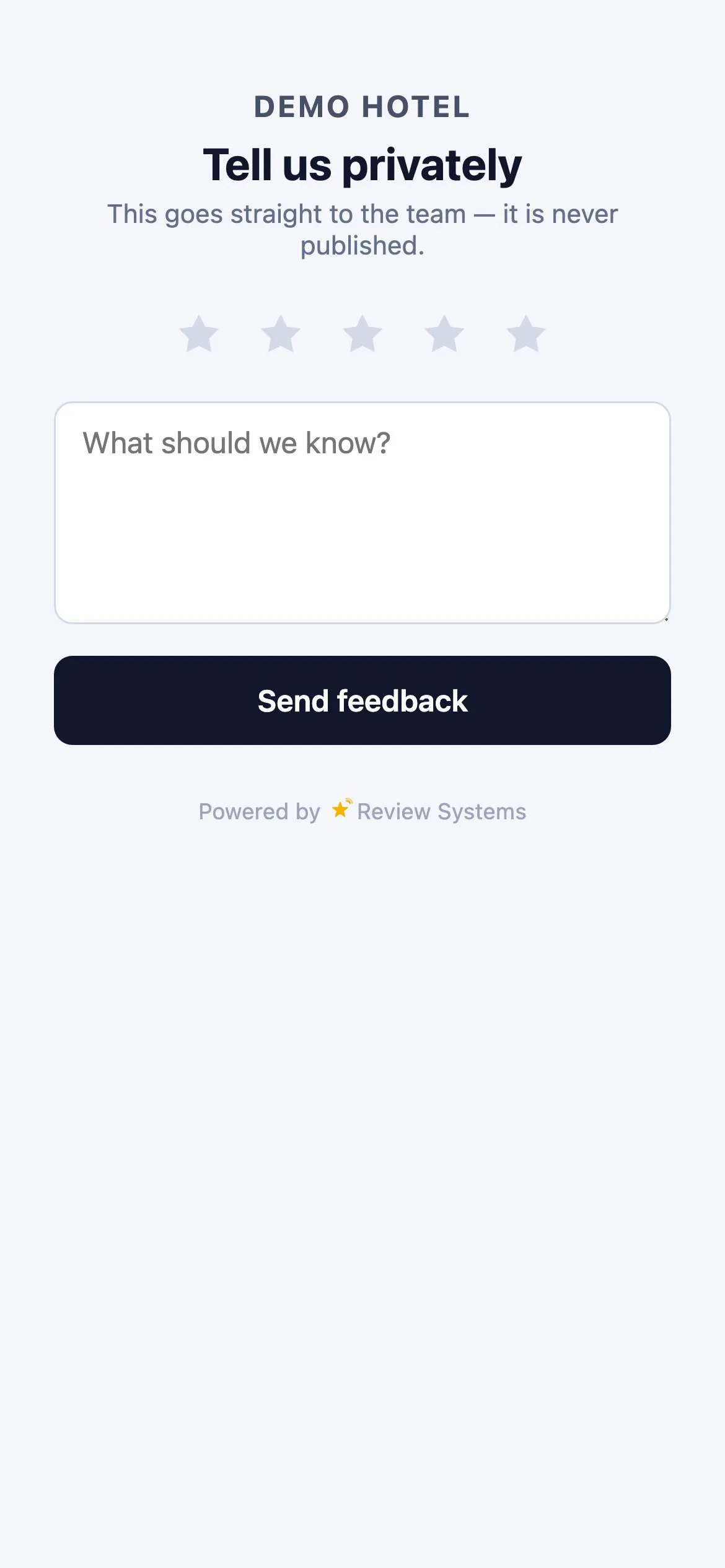 Private feedback form: stars and a message that reaches the manager, never the listing